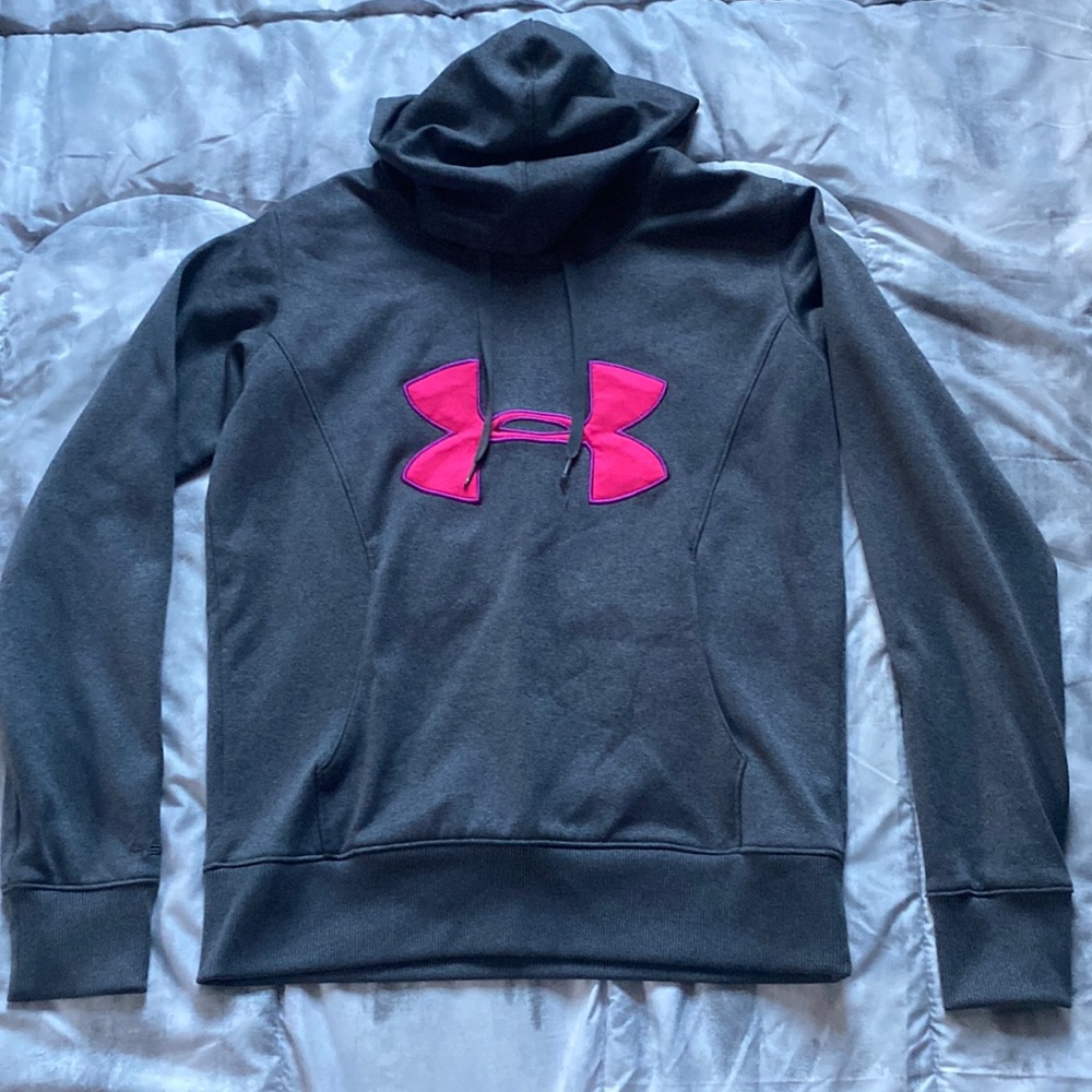 grey women’s hoodie with pink under armor sign size small